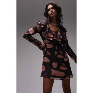 Topshop Ruffle V Neck Mini Dress in  Print Size 2 NWOT